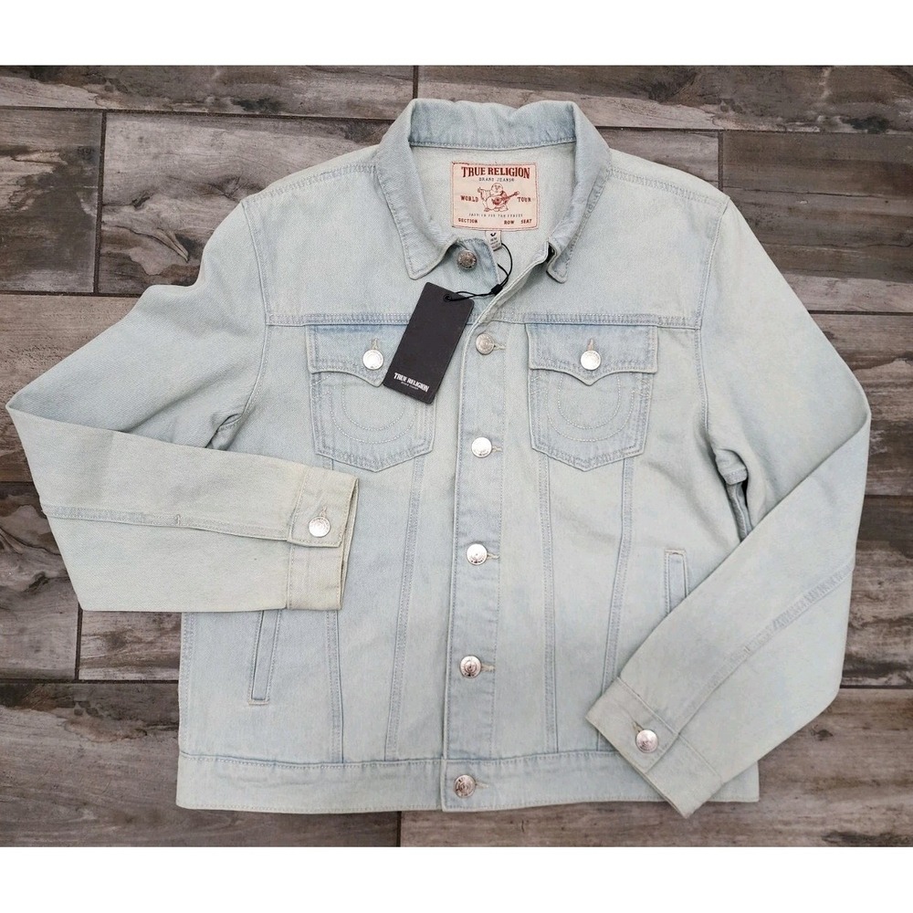 True Religion Jesse Trucker Light Blossom Wash Denim Jean Jacket M NEW Logo Flap
